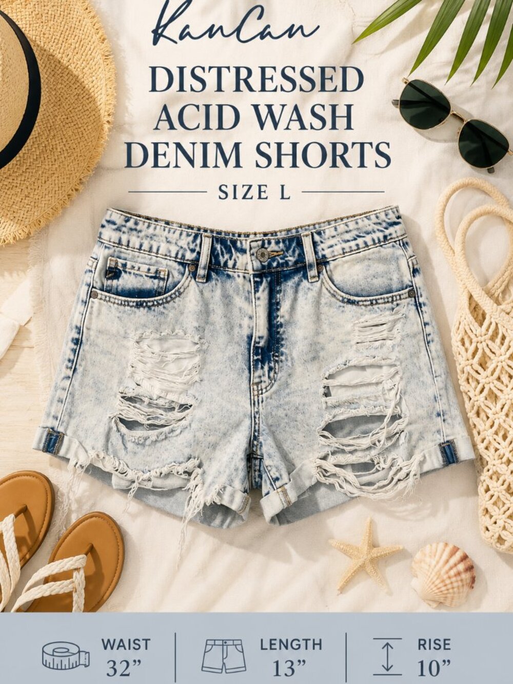 KanCan Distressed Acid Wash Denim Shorts Women’s Size L Blue Cutoff Jean Shorts